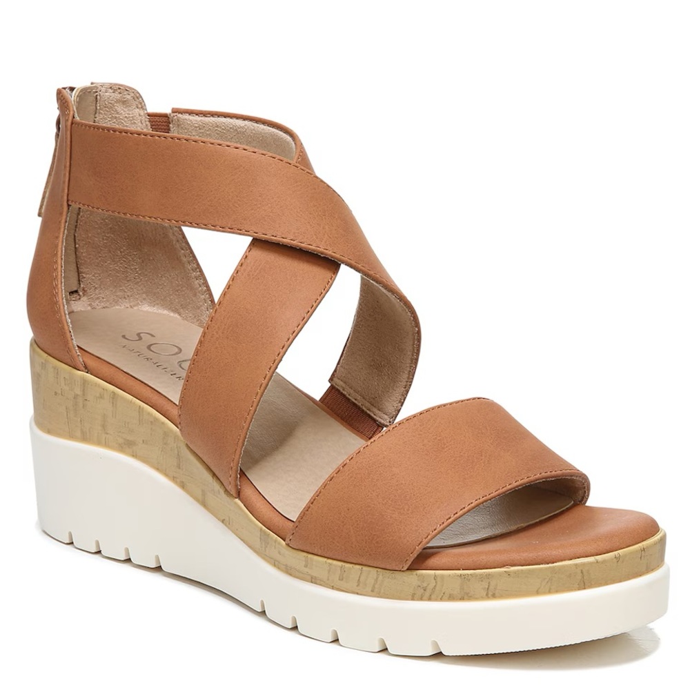 SOUL NATURALIZER Goodtimes Criss Cross Ankle Strap Wedge Sandals Toffee 8.5